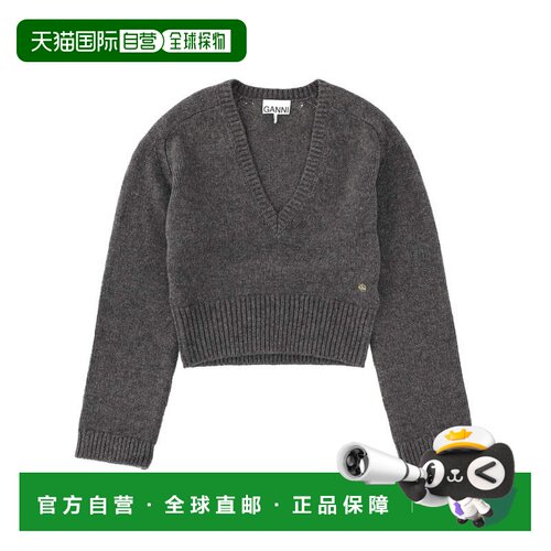 自营ganniCharcoal Cropped V-Neck Sweater - grey 美国奥莱直发
