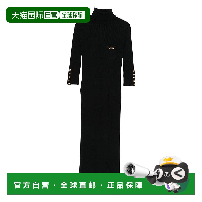 自营elisabetta franchiForm-Fitting Black Midi Dress With Tur