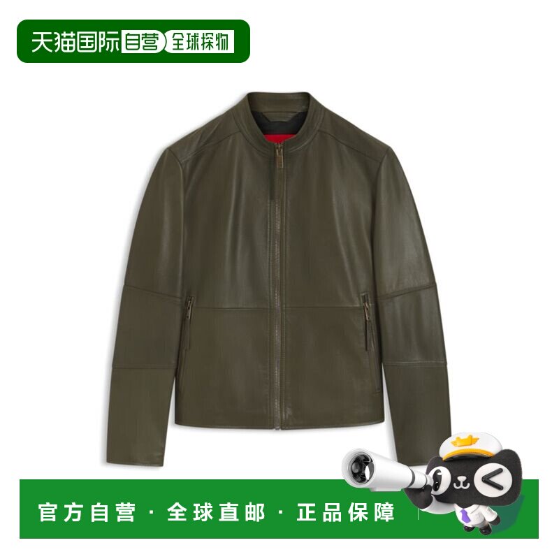 自营hugo boss修身细纹皮夹克-浅绿色 美国奥莱直发皮衣男装