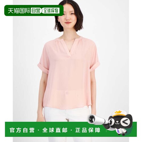 自营T Tahari女式天堂短袖卷袖分领套头衫FTS1227-粉红色 美国奥