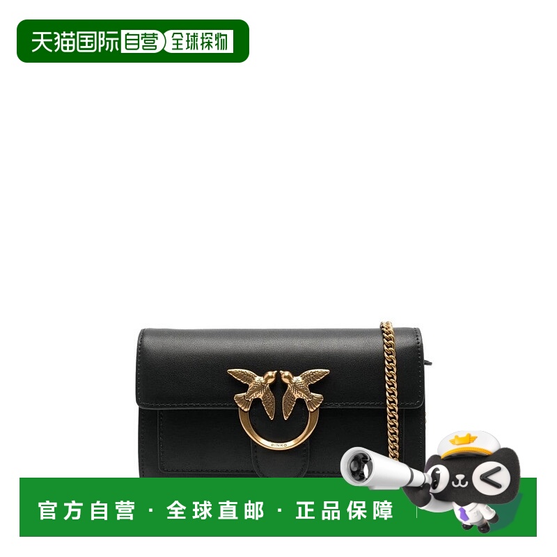 自营pinkoStructured Black Shoulder Bag With Gold-Tone Bird C