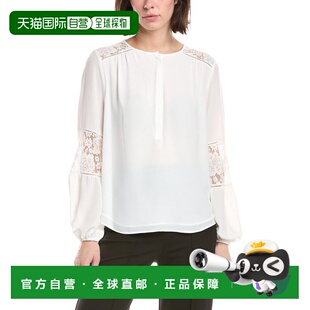 自营T Tahari Half Placket Lace Trim Blouse - white 美国奥莱