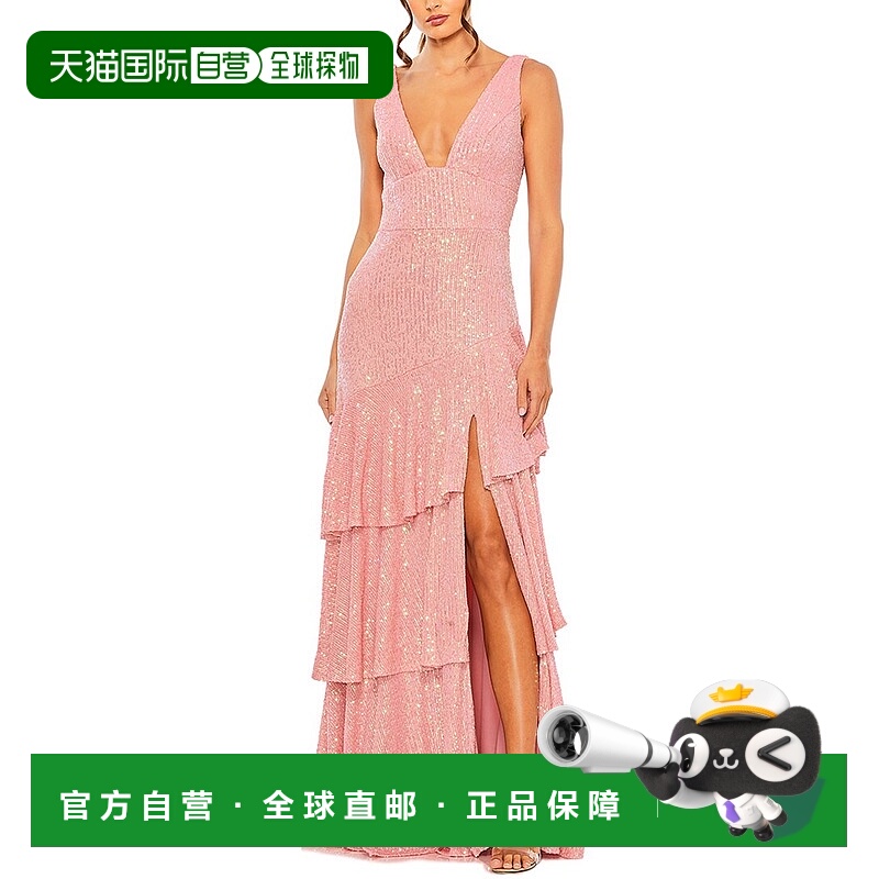 自营 Mac Duggal亮片不对称褶边分层礼服-珊瑚色 美国奥莱直发