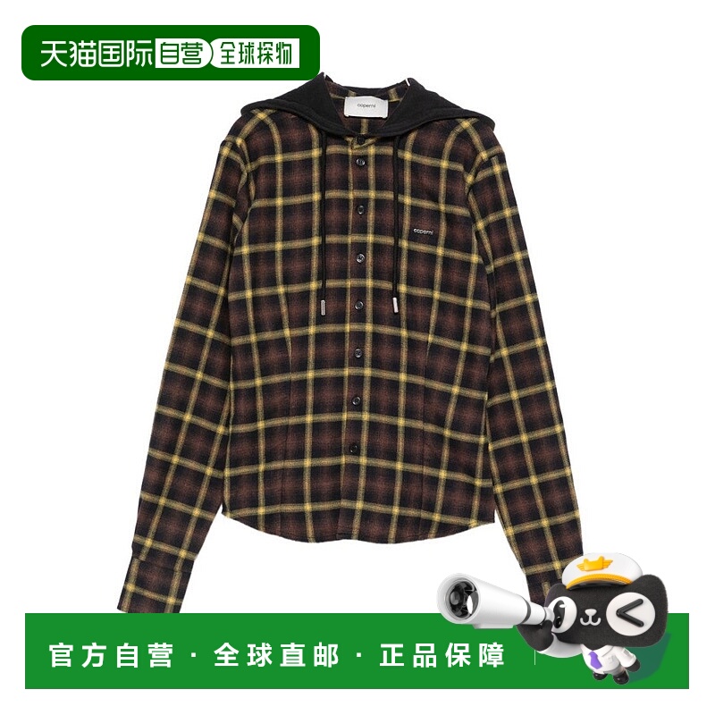 自营coperni格子棕色衬衫，带兜帽和纽扣细节-黑色 美国奥莱直发