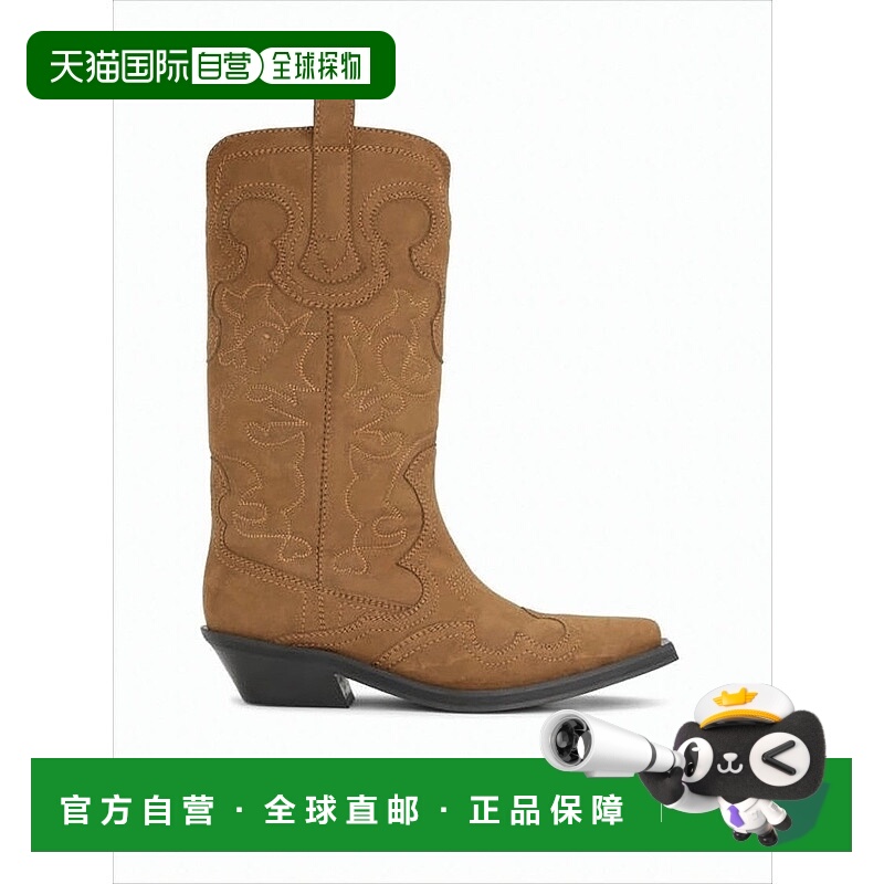 自营ganniMid-Calf Brown Boots With Intricate Stitching And P