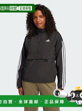 自营adidas Essentials女式3条纹生活风格梭织风衣-黑色/白色 美