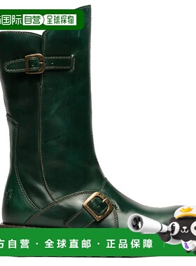 自营 Fly London女式绿色MES 2楔形鞋跟带扣中小腿皮革拉链平台靴