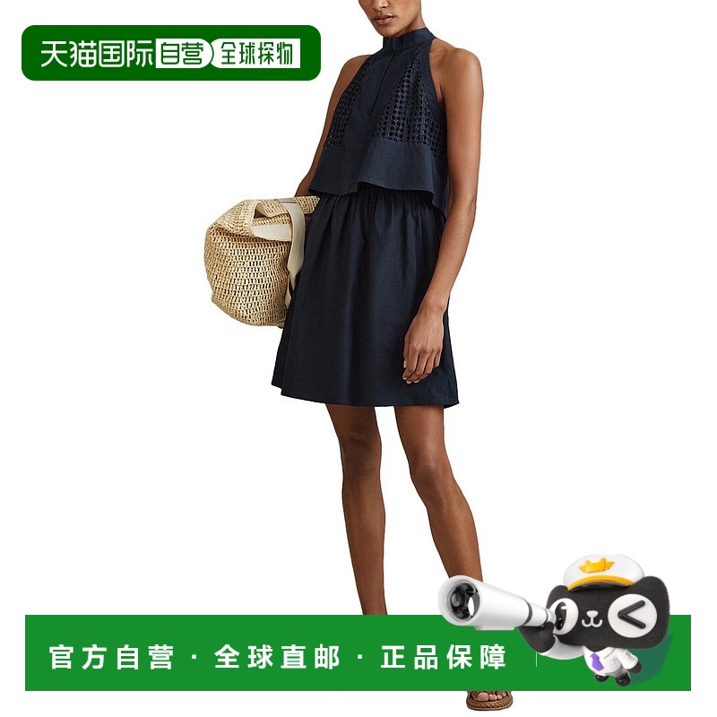自营 Reiss Eden亚麻混纺Broderie无袖迷你连衣裙-海军蓝 美国奥