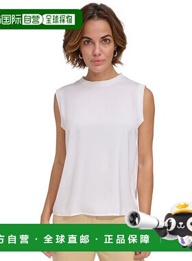 自营 Dkny背心女式白色缎面罗纹镶边圆领无袖套头衫FTS1332-白色