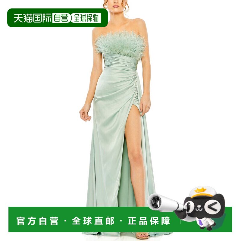 自营 Mac Duggal无肩带羽毛细节缎面礼服-绿色 美国奥莱直发长裙