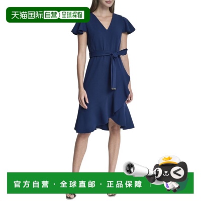 自营DKNY Faux Wrap Dress - Blue 连衣裙美国直发奥莱