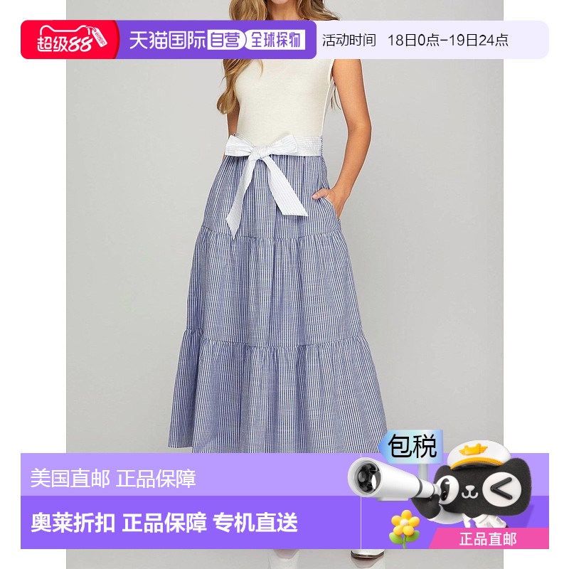 自营she + sky象牙色/蓝色针织组合条纹分层迷笛连衣裙 【美国奥