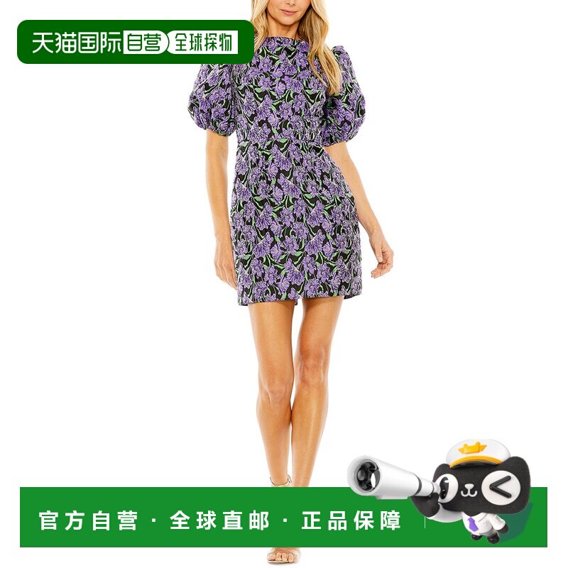 自营 Mac Duggal泡泡袖锦缎迷你连衣裙-紫色 美国奥莱直发包臀裙