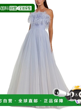 自营Mac Duggal羽毛领口长裙-蓝色连衣裙 美国奥莱直发