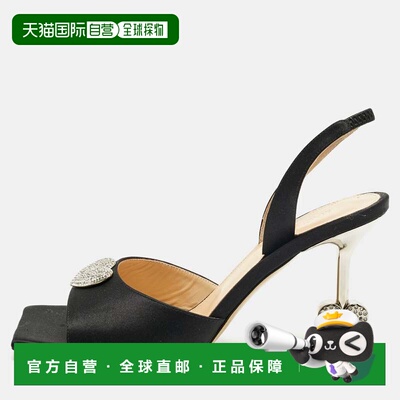 自营Mach & Mach Black Satin Heart Crystal Slingback Sandals