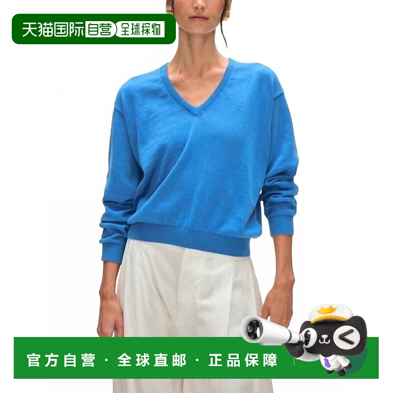 自营white + warren天蓝色罗纹V领毛衣-天蓝色 美国奥莱直发
