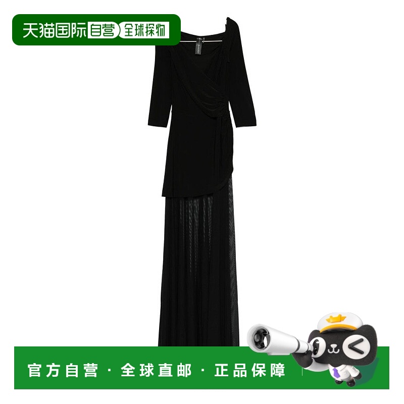 自营norma kamali分层黑色长裙，领口褶皱，透明覆面-黑色 美国奥