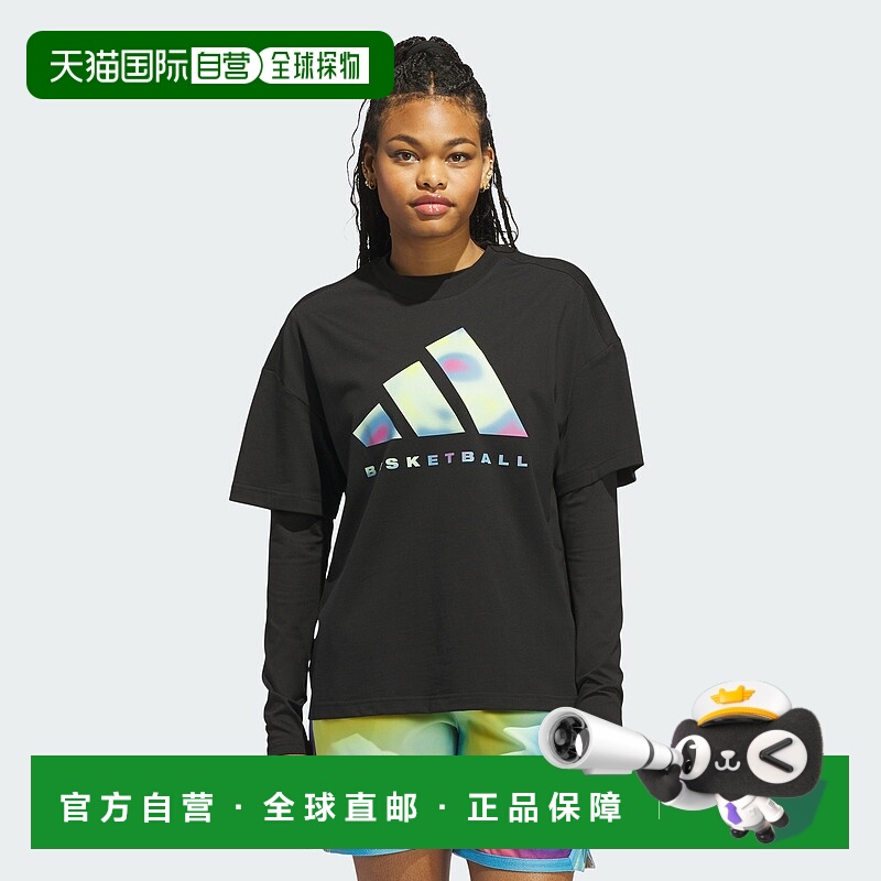 自营adidas阿迪达斯女式篮球地热标志T恤-黑色/半绿色火花 美国奥
