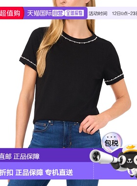 自营CeCe Boxy T-Shirts Women Black Cotton Pearl Trim Short S