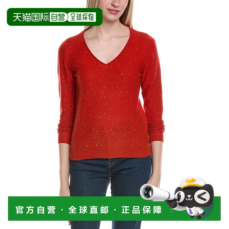 自营sofiacashmere亮片深V羊毛和羊绒混纺毛衣-橙色 美国奥莱直发