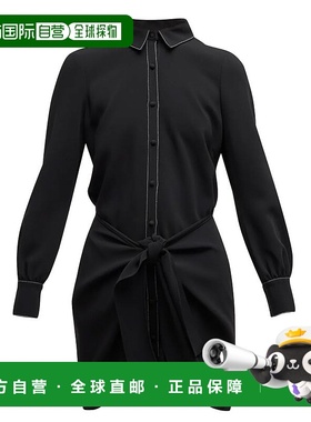 自营 Cinq A Sept Gaby 系带腰部明线纯色黑色绉纱迷你连衣裙，2