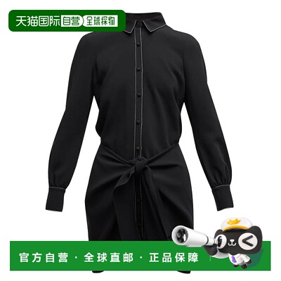 自营 Cinq A Sept Gaby 系带腰部明线纯色黑色绉纱迷你连衣裙，2
