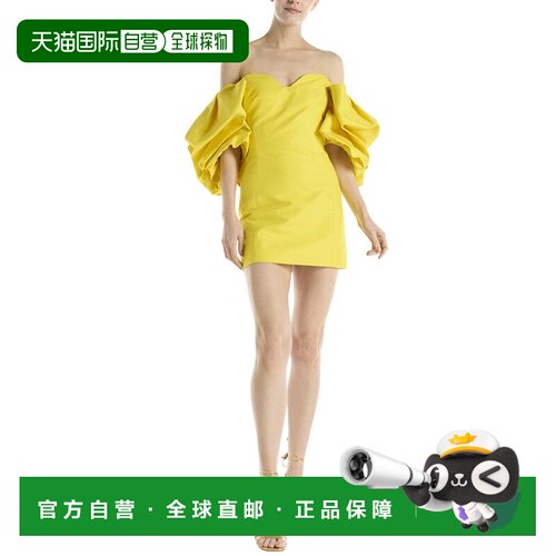 自营Monique Lhuillier Puff Seeve真丝混纺迷你连衣裙-金丝雀黄