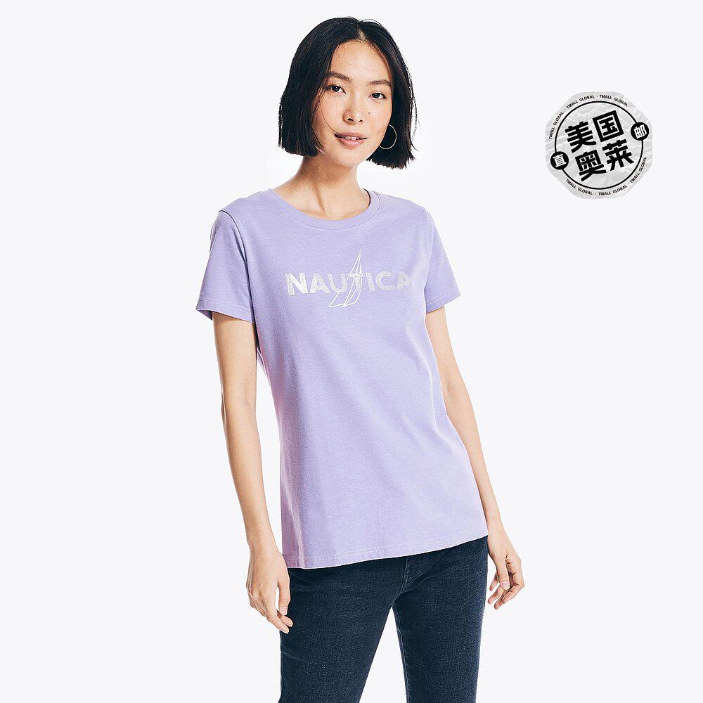 Nautica 女式可持续制作铝箔 J-Class 图案 T 恤 - 粉笔紫罗兰色怎么看?