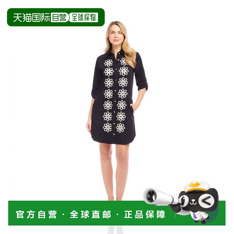 自营karen kane小号卷边刺绣迷你衬衫连衣裙,黑色/奶油色-黑色/