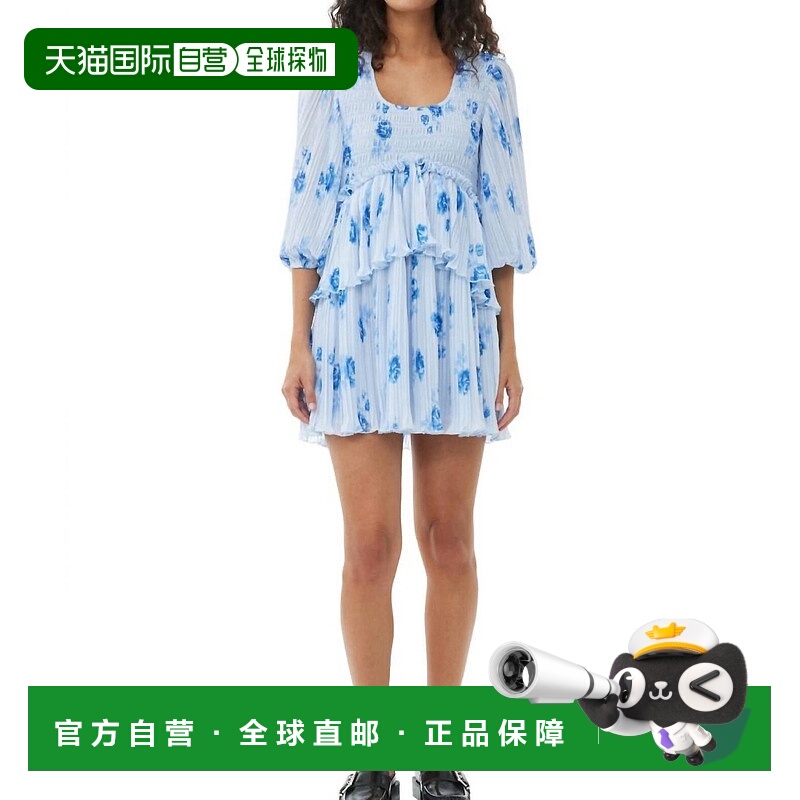 自营 ganni褶皱乔其纱荷叶边罩衫迷你连衣裙（混色） - heather