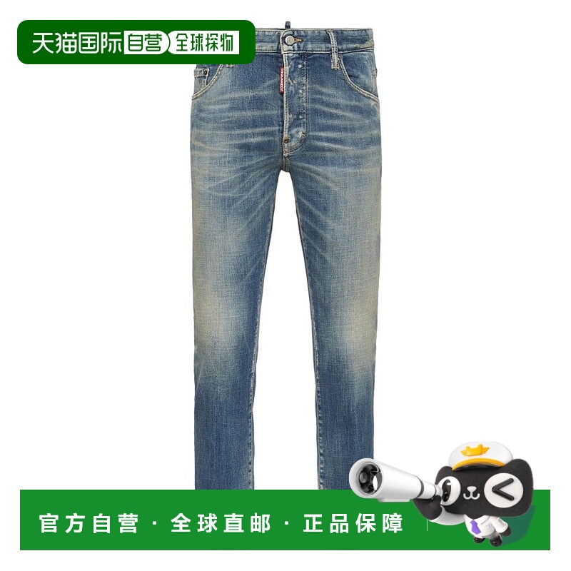 自营 dsquared2带有胡须效果和标志补丁的蓝色牛仔裤-蓝色 美国奥