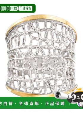 自营 Ross-Simons 纯银和 14 克拉黄金不规则格子戒指 - 白色 美