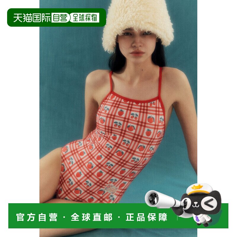 自营 LOOPLOOP复古草莓印花细吊带V型美背半高剪裁连体泳衣女