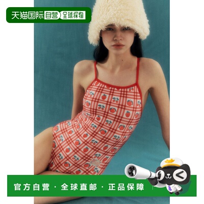 自营 LOOPLOOP复古草莓印花细吊带V型美背半高剪裁连体泳衣女