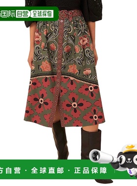 自营Farm Rio Arabesque Floral Green Buttons Midi Skirt - whi
