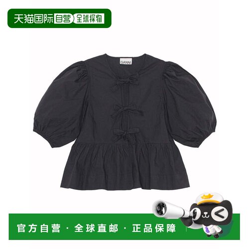 自营ganniBlack Puff Sleeves Bow Front Poplin Blouse - black