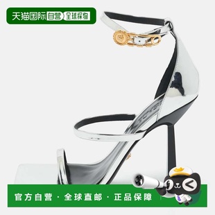 自营Versace Silver Leather Safety Pin Ankle Strap Sandals -