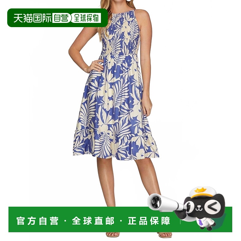 自营she + skyCami梭织印花深蓝色迷笛连衣裙 美国奥莱直发