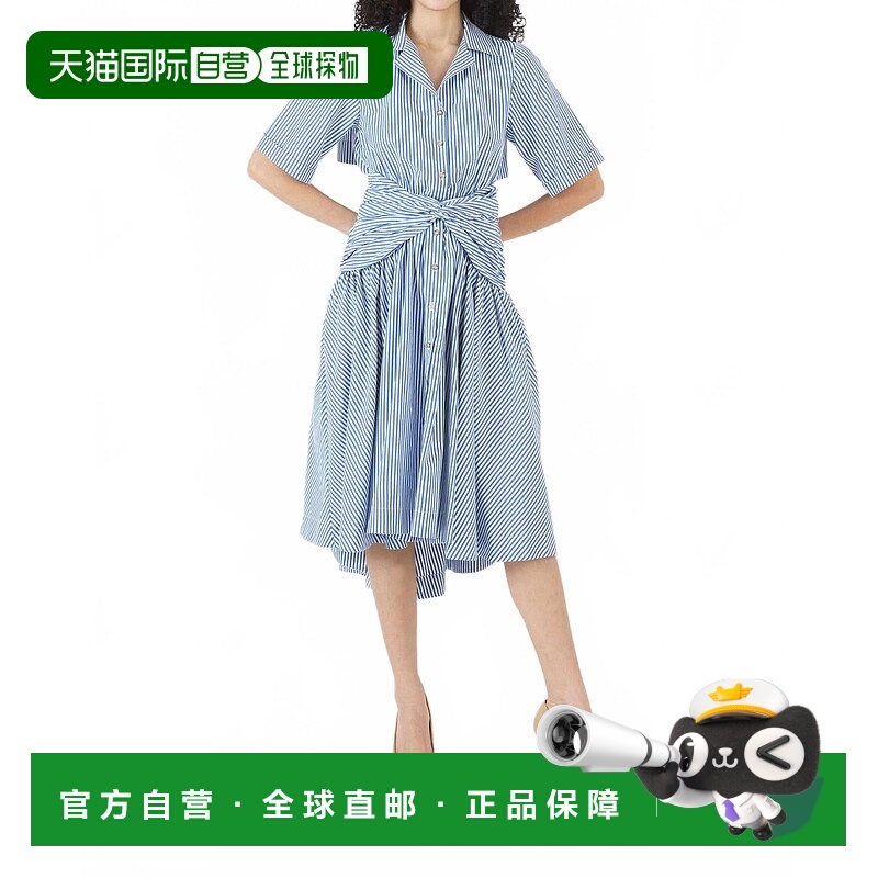 自营 rosie assoulin蓝色棉府绸条纹领带衬衫连衣裙 美国奥莱直发