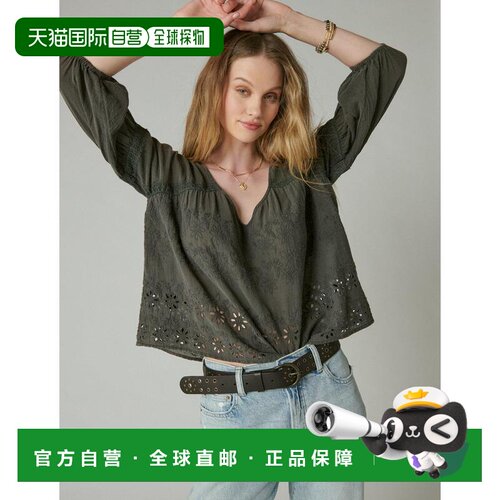 自营Lucky Brand Women's Eyelet Embroidered Peasant Top black