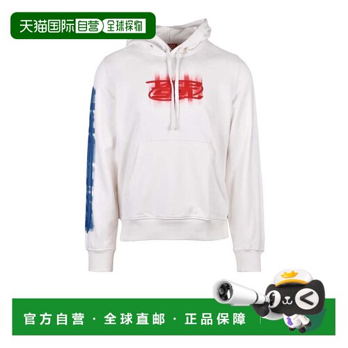 自营dieselWhite/Red Cotton Men's Hoodie - white 美国奥莱直发