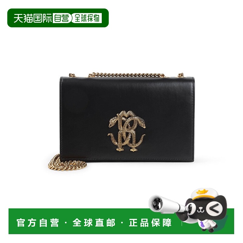 自营roberto cavalliBlack Leather Shoulder Bag With Gold-Tone