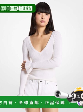 自营michael korsRibbed Wool Blend V-Neck Sweater - white 美