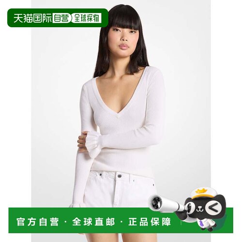 自营michael korsRibbed Wool Blend V-Neck Sweater - white 美