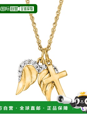 自营 Ross-Simons 14 克拉黄金十字架和天使之翼吊坠项链带钻石口
