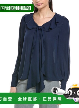 自营CeCe Ruffle Tie V-Neck Top - Navy 女装上衣美国直发奥莱