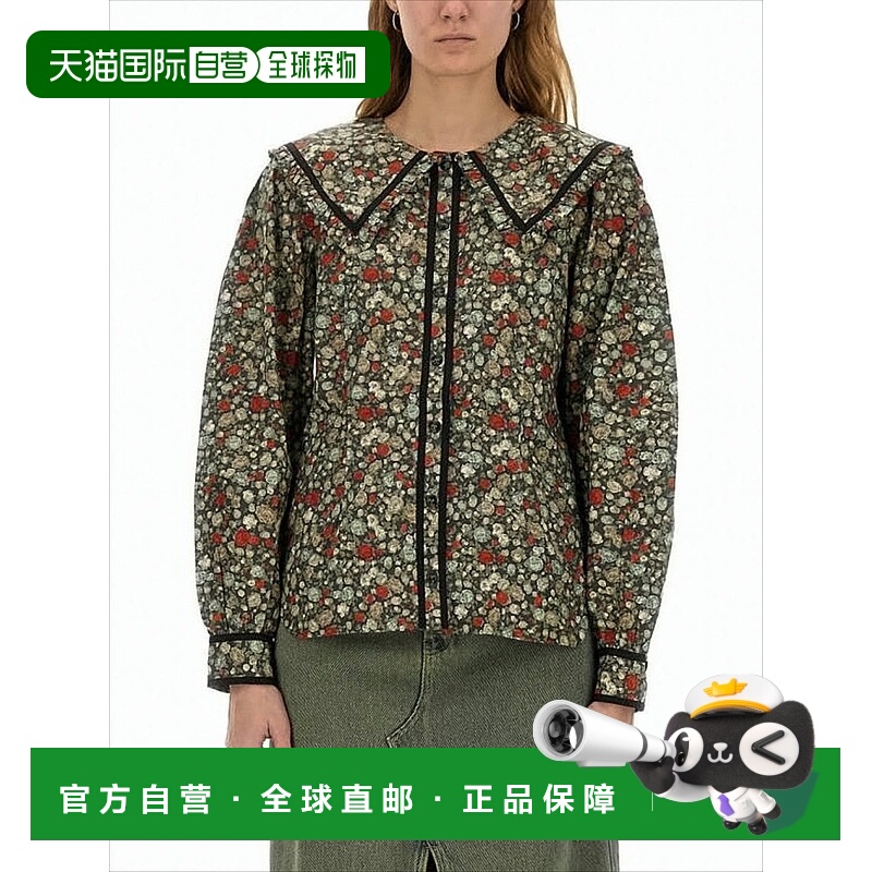 自营ganniFloral Print Blouse With Oversized Collar And Puffe