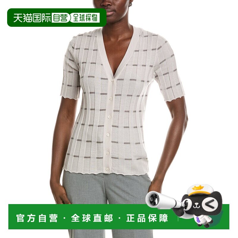 自营Lafayette 148 New York罗纹条纹羊绒开衫-白色 美国奥莱直发