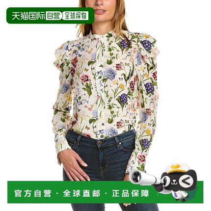 自营Oscar de la Renta Puff Sleeve Button Front Silk Top - wh