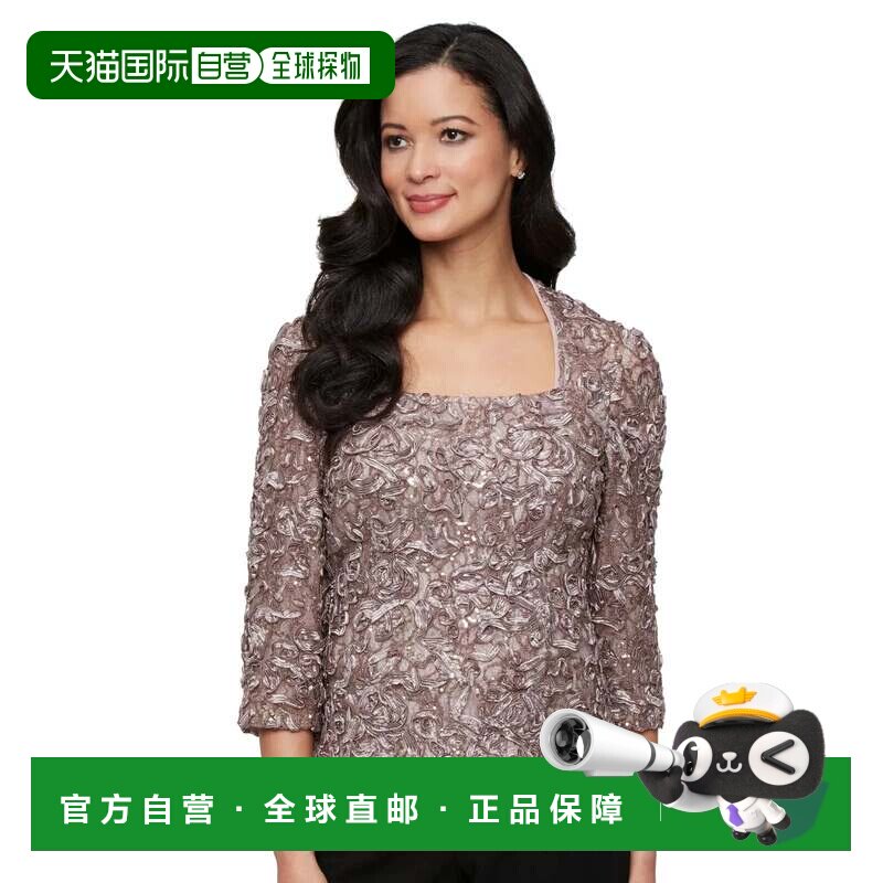 自营Alex Evenings上衣女式貂皮Soutache蕾丝3/4袖方领PAL94-棕色